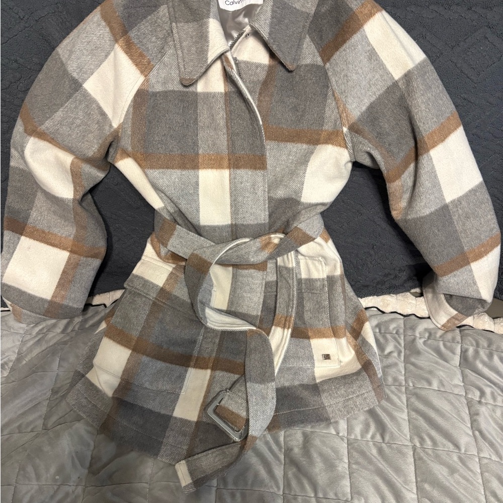 Calvin Klein Belted Jacket Coat Wool Blend Gray Tan White Plaid Tie Waist Sz M
